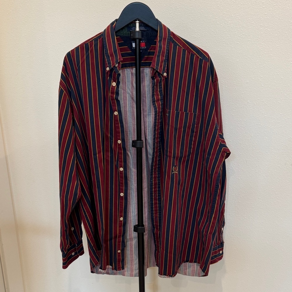 90s vintage Tommy Hilfiger Striped Button-Down Shirt - Red and Navy